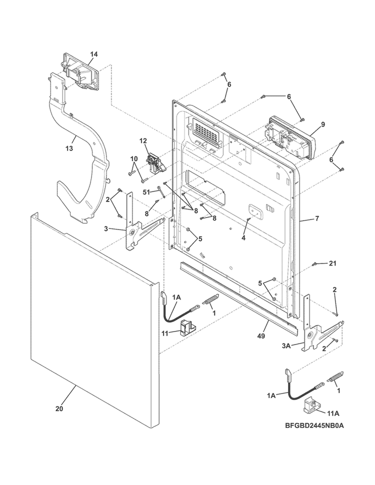 Door Diagram and Parts List for FGBD2445NW2A  Frigidaire Dishwasher