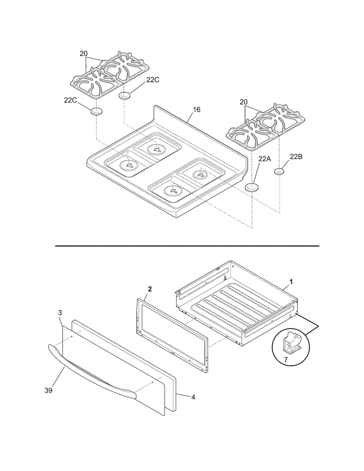 Top/drawer Diagram and Parts List for LFGF3022LSE  Frigidaire Range