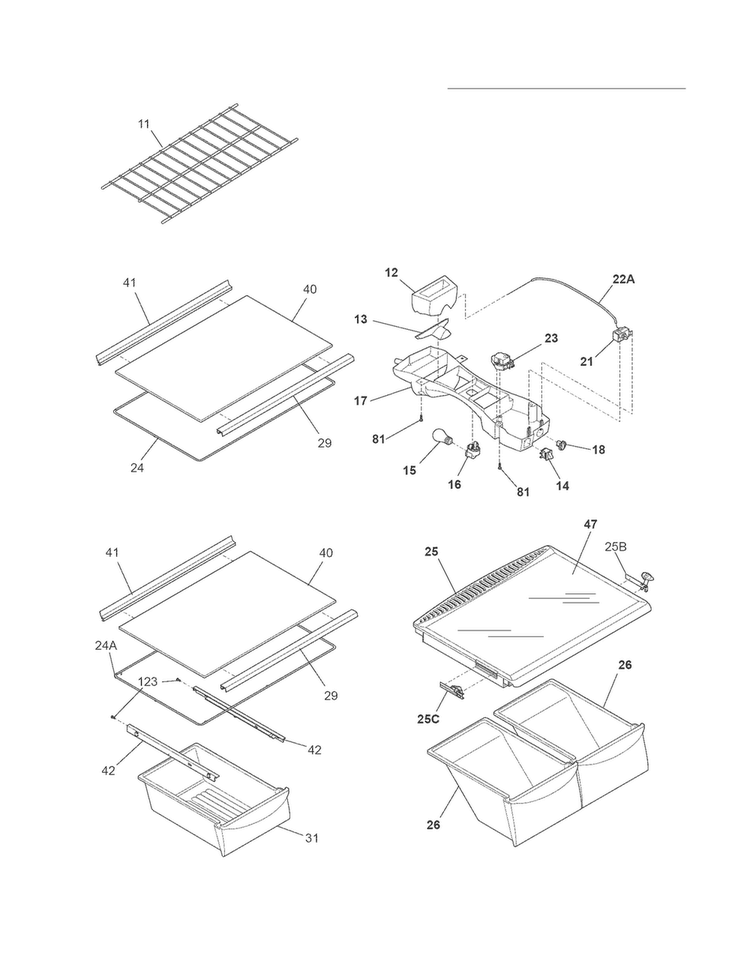 Shelves Diagram and Parts List for FFHT2116LK2  Frigidaire Refrigerator