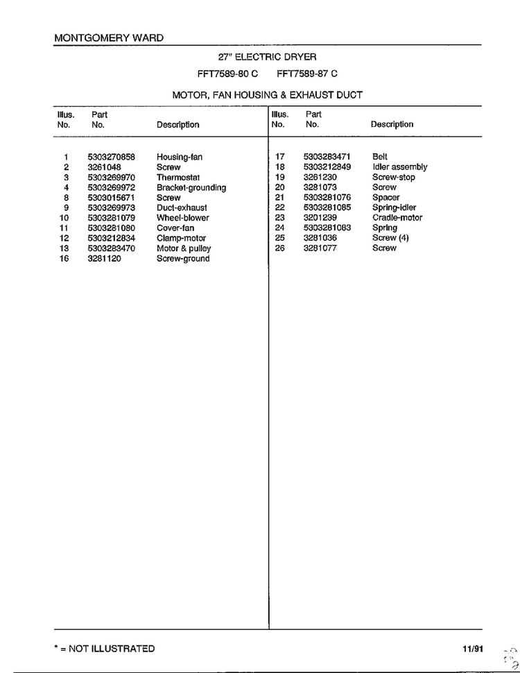 Motor/fan Housing And Exhaust Duct Page 2 Diagram and Parts List for 7589-80C  Frigidaire Dryer