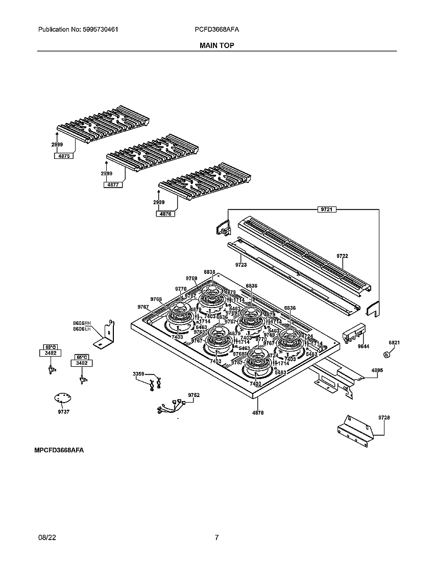 Main Top Diagram and Parts List for PCFD3668AFA  Frigidaire Range