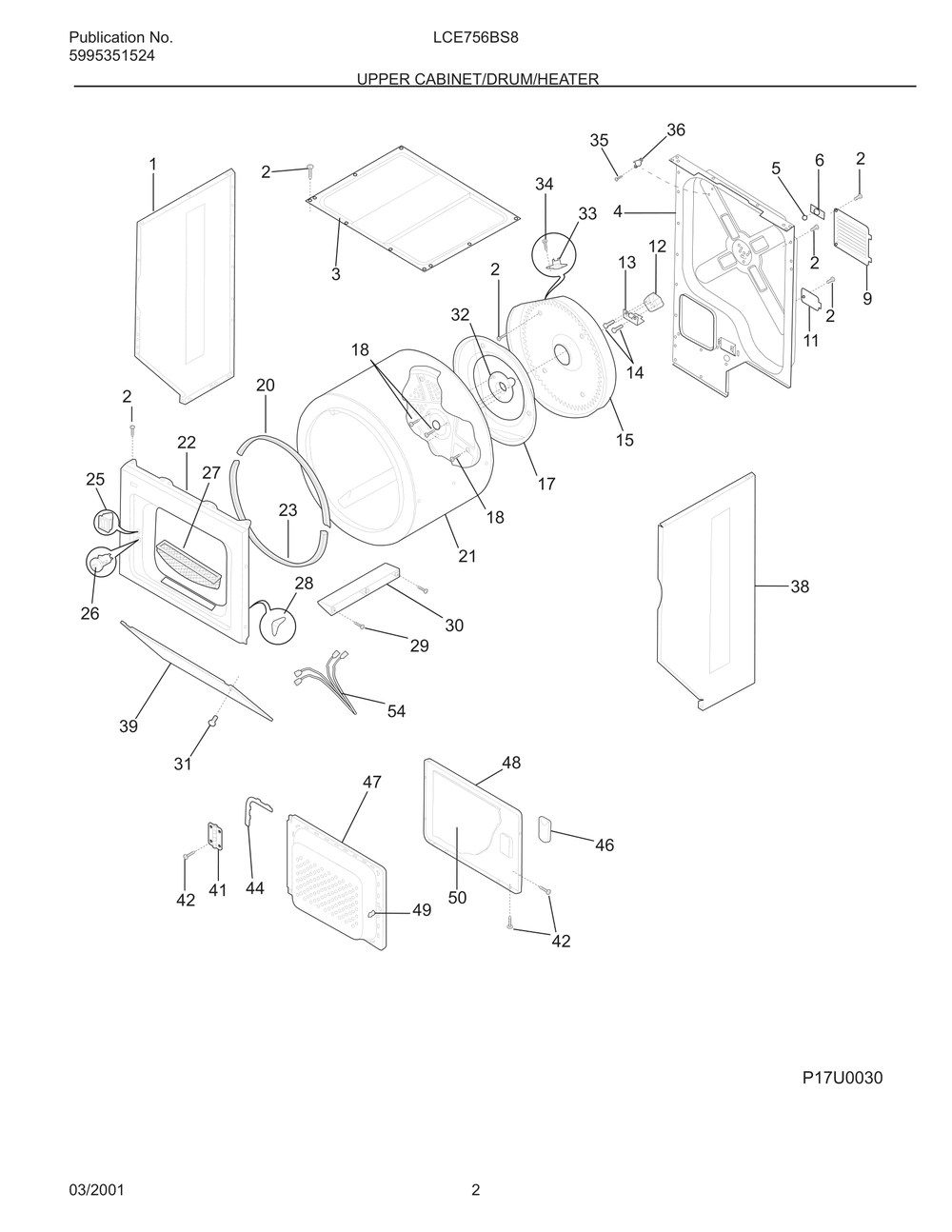 Upper Cabinet/Drum/Heater Diagram and Parts List for LCE756BS8  Frigidaire Dryer