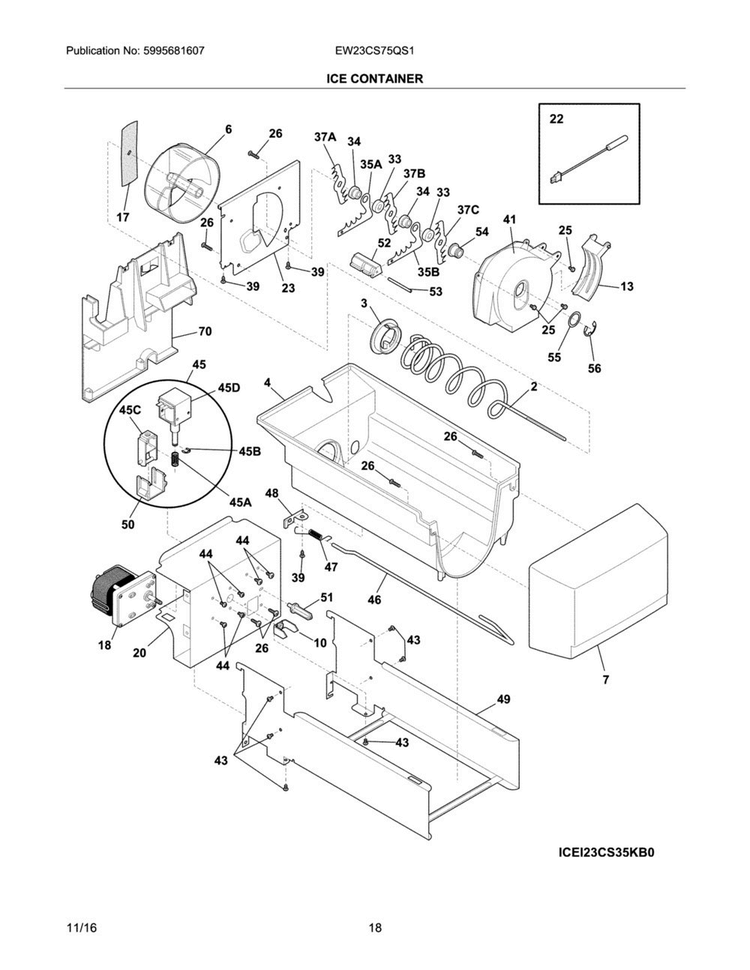 Ice Container Diagram and Parts List for EW23CS75QS1  Electrolux Refrigerator
