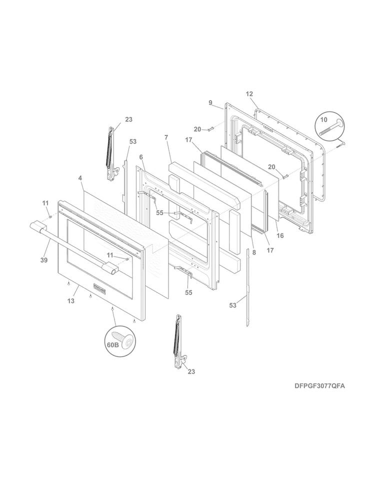 Door Diagram and Parts List for FPGF3077QFB  Frigidaire Range