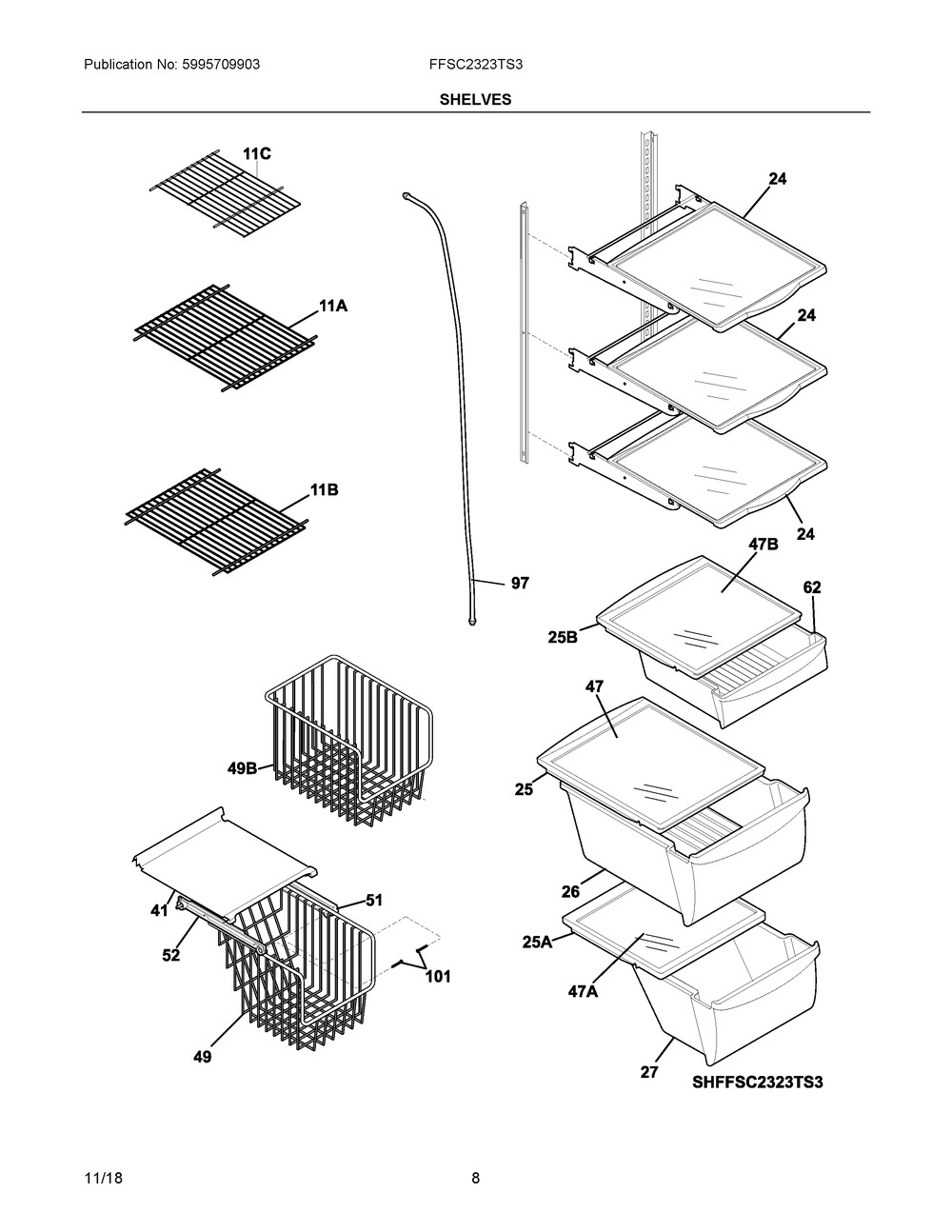 Shelves Diagram and Parts List for FFSC2323TS3  Frigidaire Refrigerator