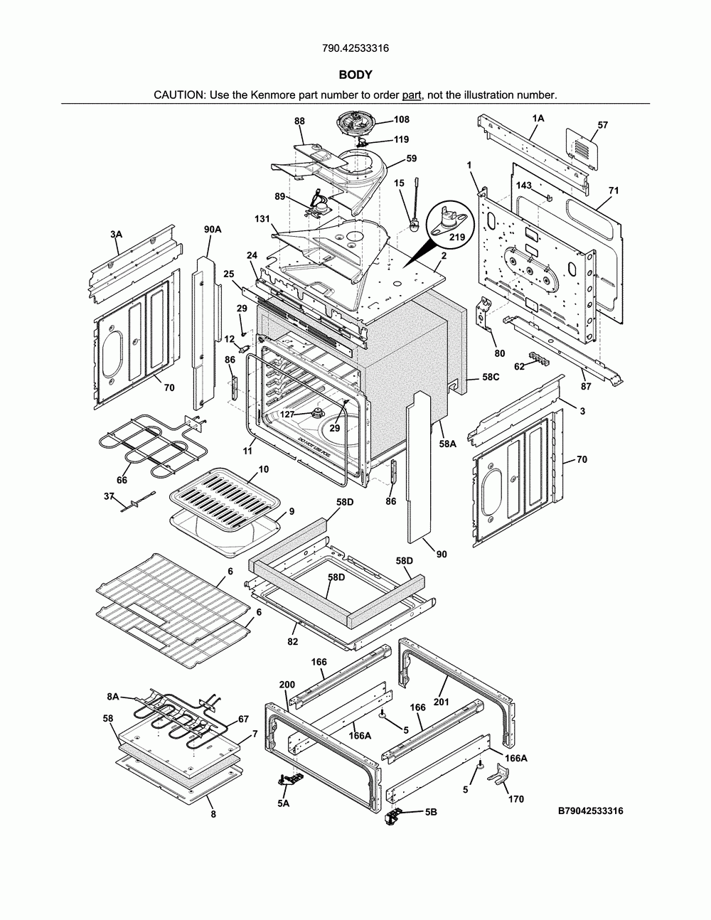 Body Diagram and Parts List for 79042533316  Kenmore Range