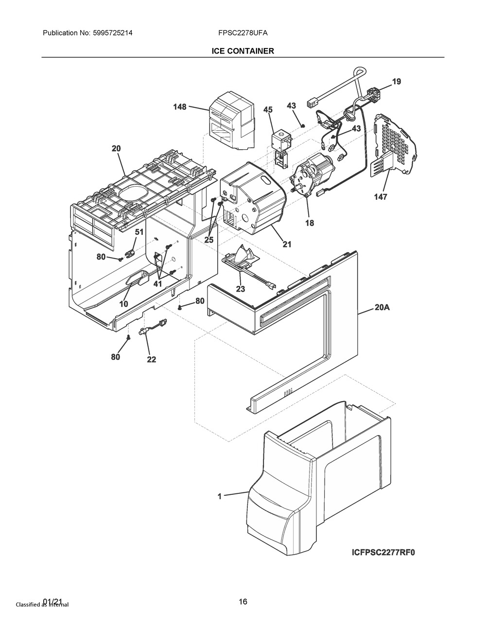 Ice Container Diagram and Parts List for FPSC2278UFA  Frigidaire Refrigerator