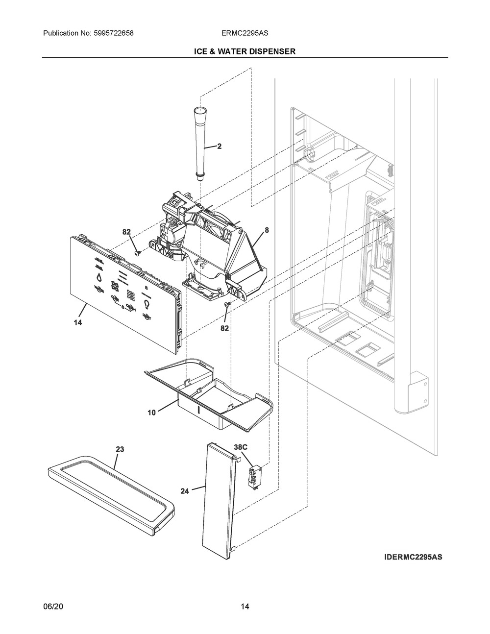 Ice And Water Dispenser Diagram and Parts List for ERMC2295AS  Frigidaire Refrigerator