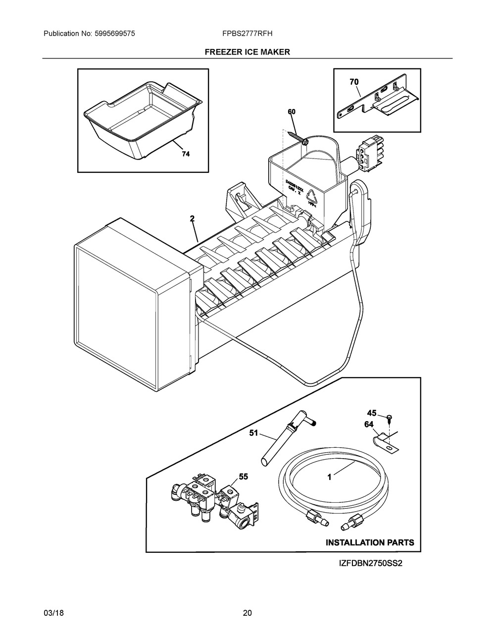 Freezer Ice Maker Diagram and Parts List for FPBS2777RFH  Frigidaire Refrigerator