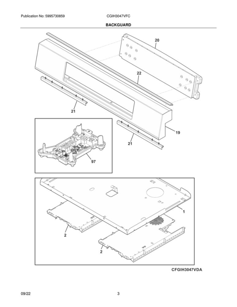Backguard/Induction Unit Diagram and Parts List for CGIH3047VFC  Frigidaire Range