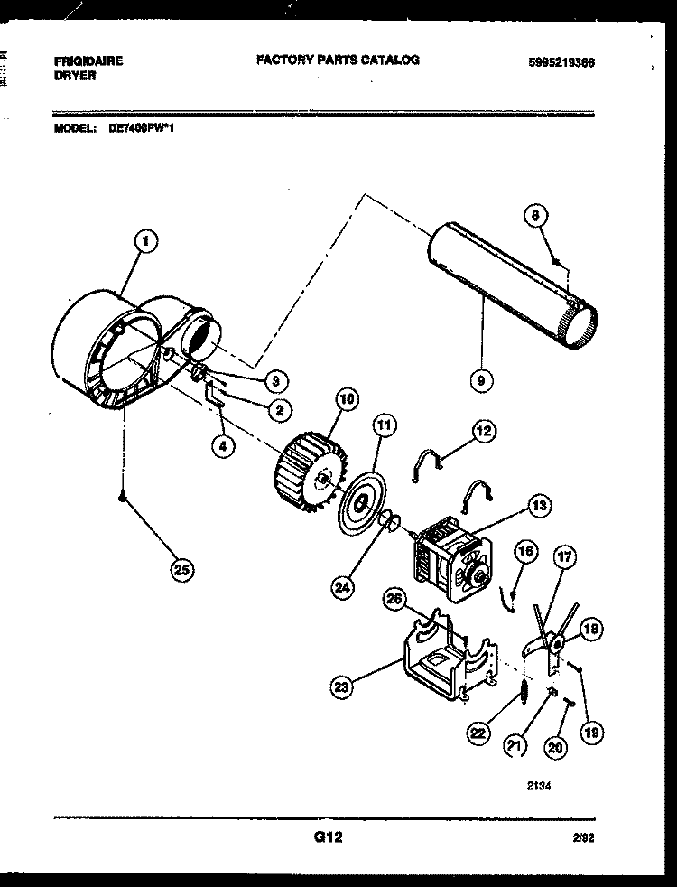 BLOWER AND DRIVE PARTS Diagram and Parts List for DE7400PW1  Frigidaire Dryer