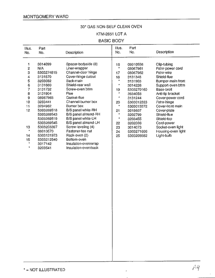 Basic Body Page 2 Diagram and Parts List for 2851A  Frigidaire Range