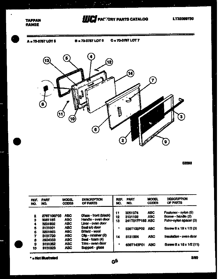 LOWER OVEN DOOR PARTS Diagram and Parts List for 73-3757-00-07  Tappan Range