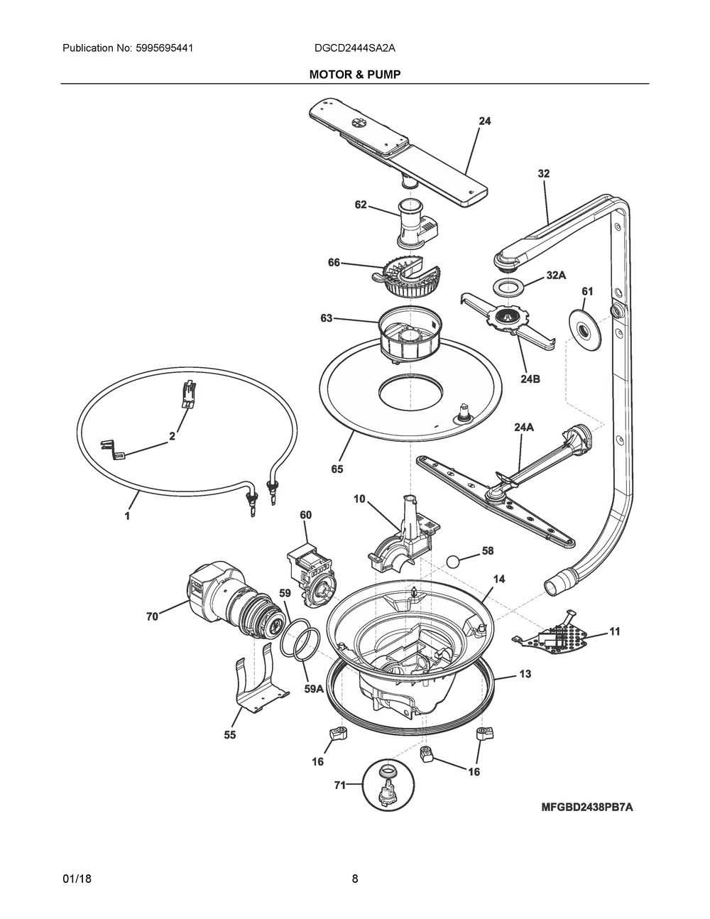 Motor & Pump Diagram and Parts List for DGCD2444SA2A  Frigidaire Dishwasher