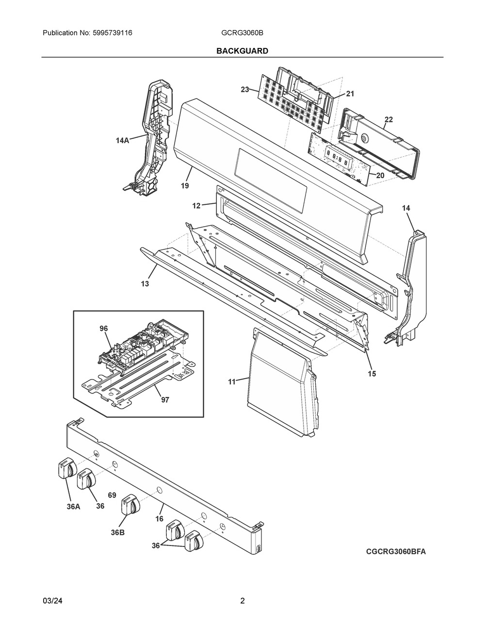 Backguard Diagram and Parts List for GCRG3060BDA  Frigidaire Range