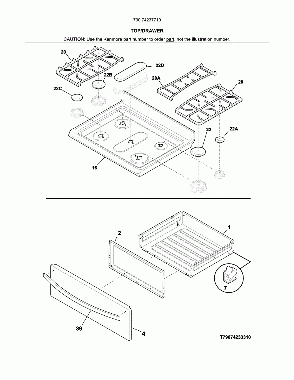 Top/drawer Diagram and Parts List for 79074237710  Kenmore Range