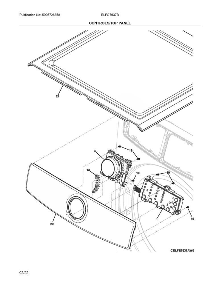 Controls/Top Panel Diagram and Parts List for ELFG7637BW0  Frigidaire Dryer