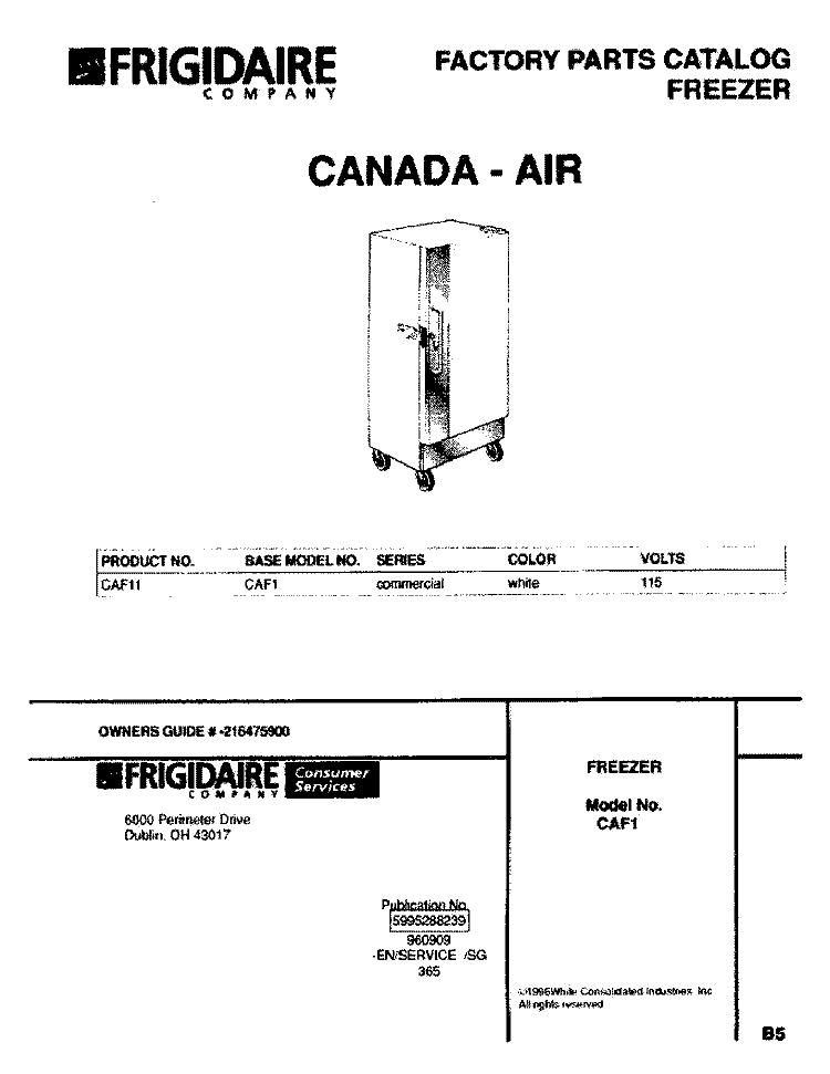 COVER Diagram and Parts List for CAF11  Frigidaire Freezer