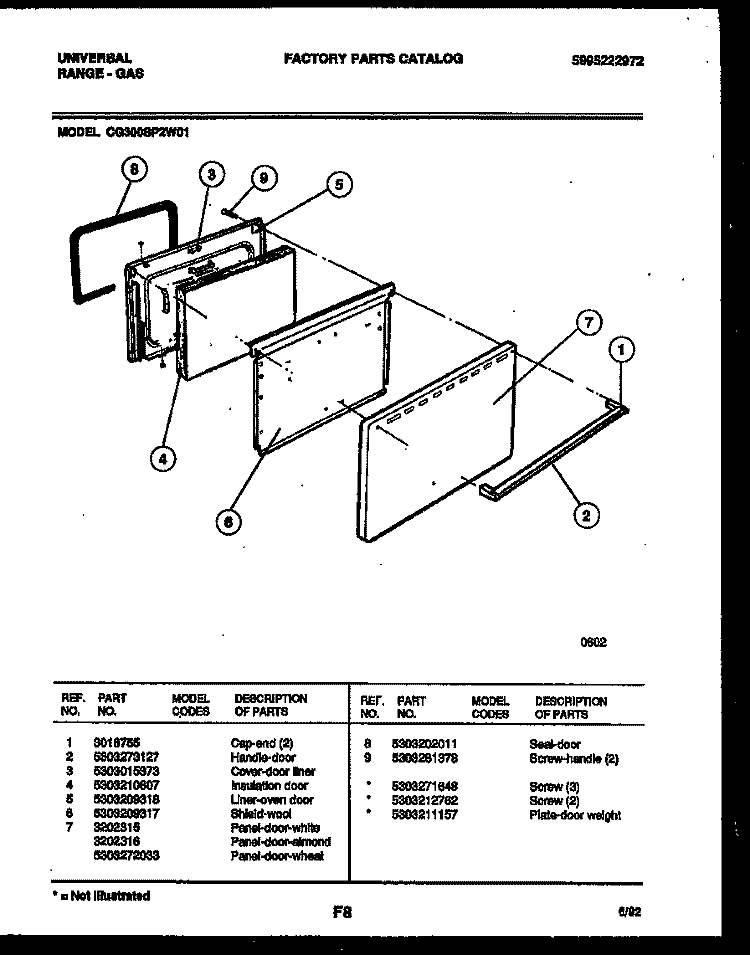 DOOR PARTS Diagram and Parts List for CG300SP2Y1  Frigidaire Range