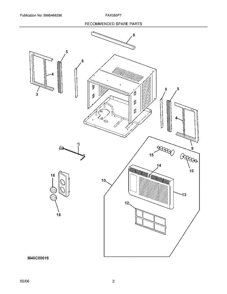 RECOMMENDED SPART PARTS Diagram and Parts List for FAX050P7A7  Frigidaire Air Conditioner