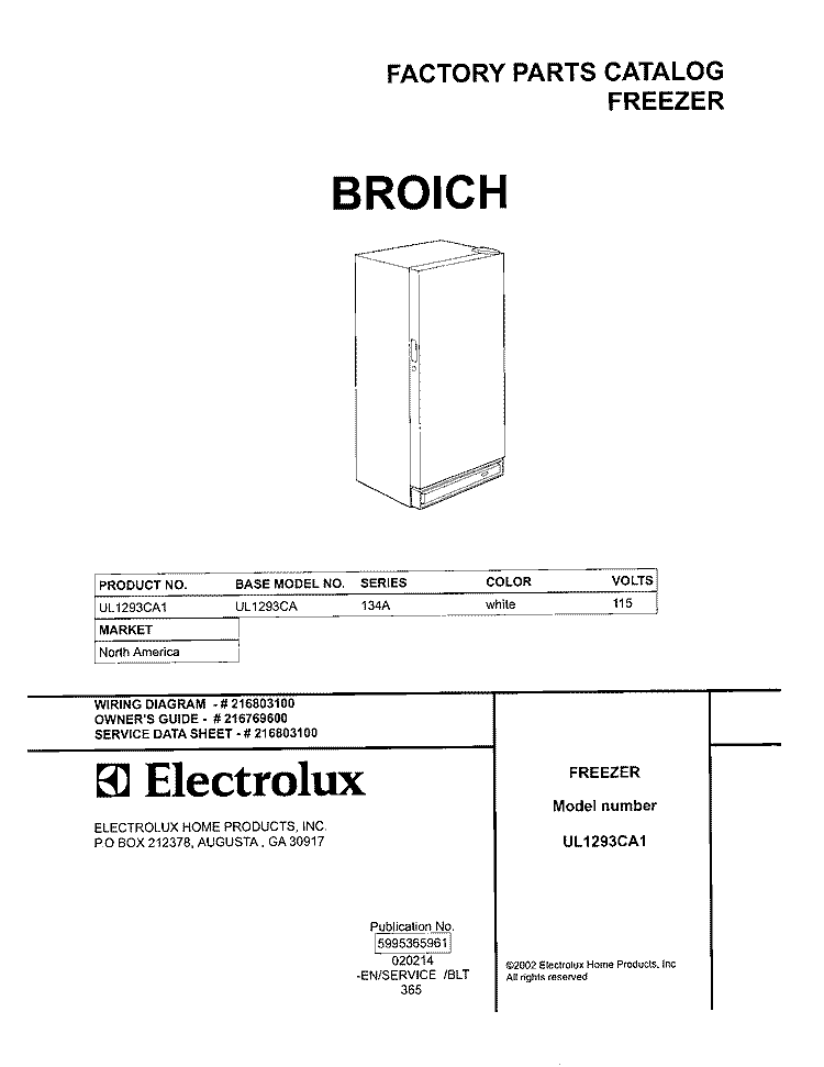 COVER Diagram and Parts List for UL1293CA1  Electrolux Freezer
