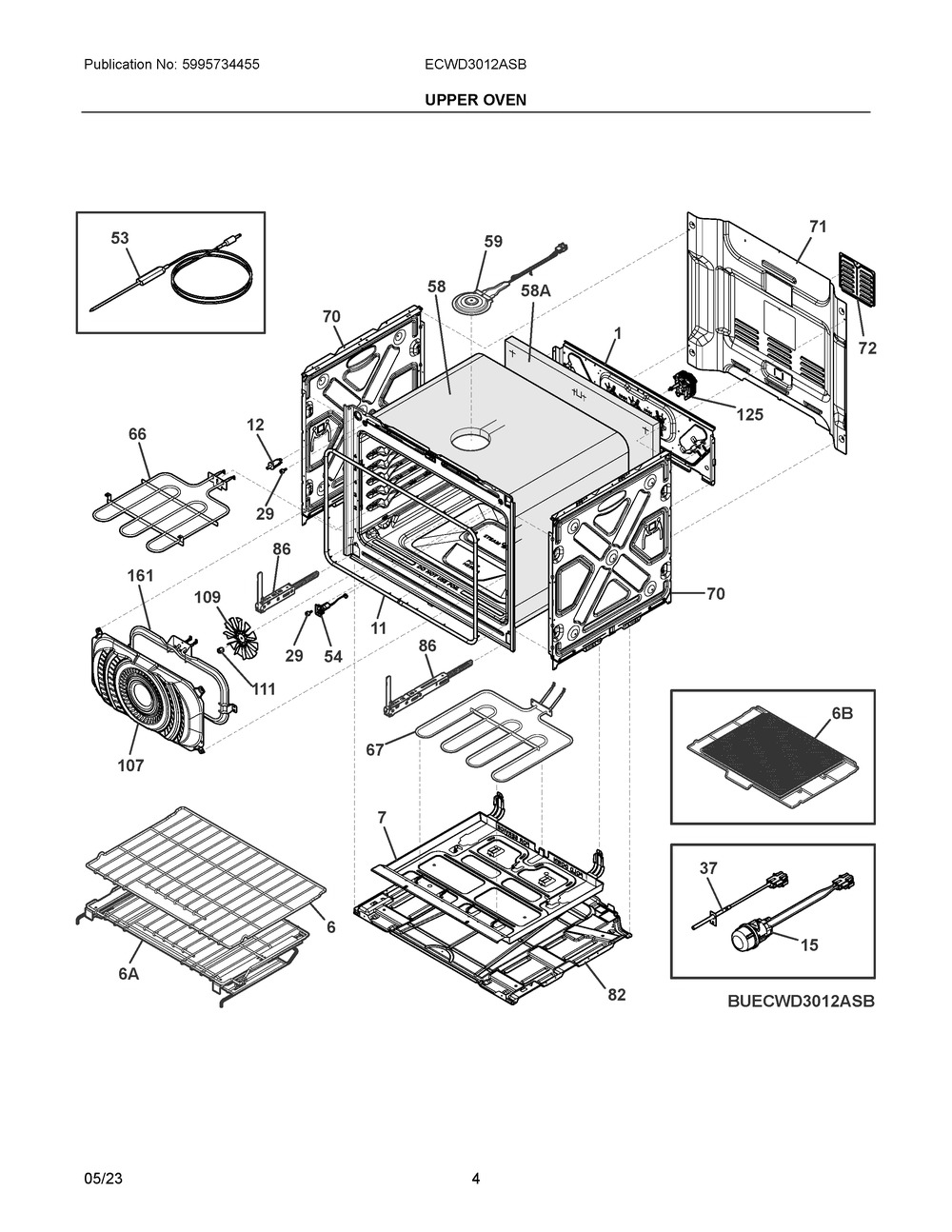 Upper Oven Diagram and Parts List for ECWD3012ASB  Frigidaire Wall Oven