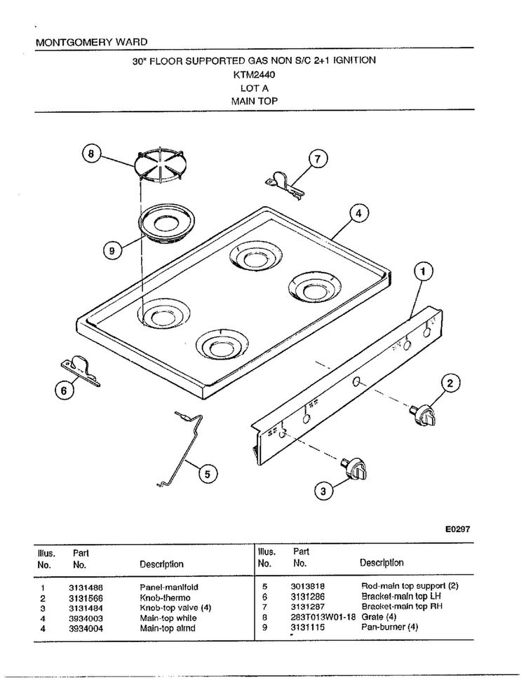 30"/main Top Diagram and Parts List for 2440A  Frigidaire Range