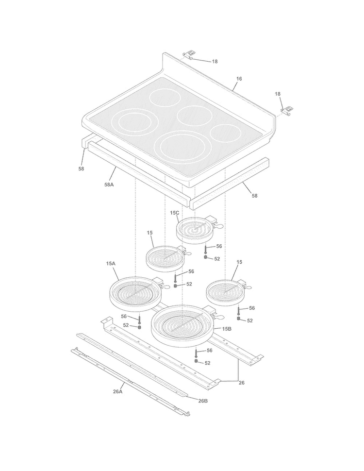 Main Top Diagram and Parts List for FGEF306TMFF  Frigidaire Range