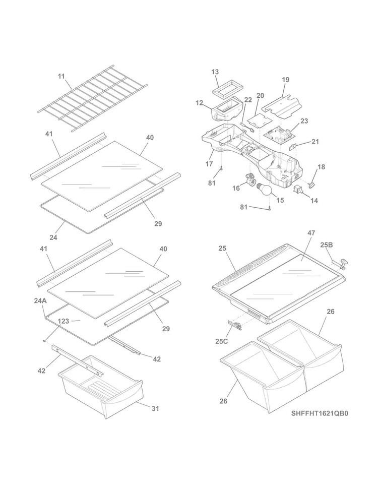 Shelves Diagram and Parts List for FFHT1621QS2  Frigidaire Refrigerator