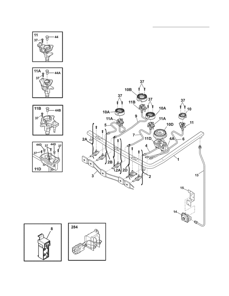 Burner Diagram and Parts List for CEW30DF6GSM  Electrolux Range