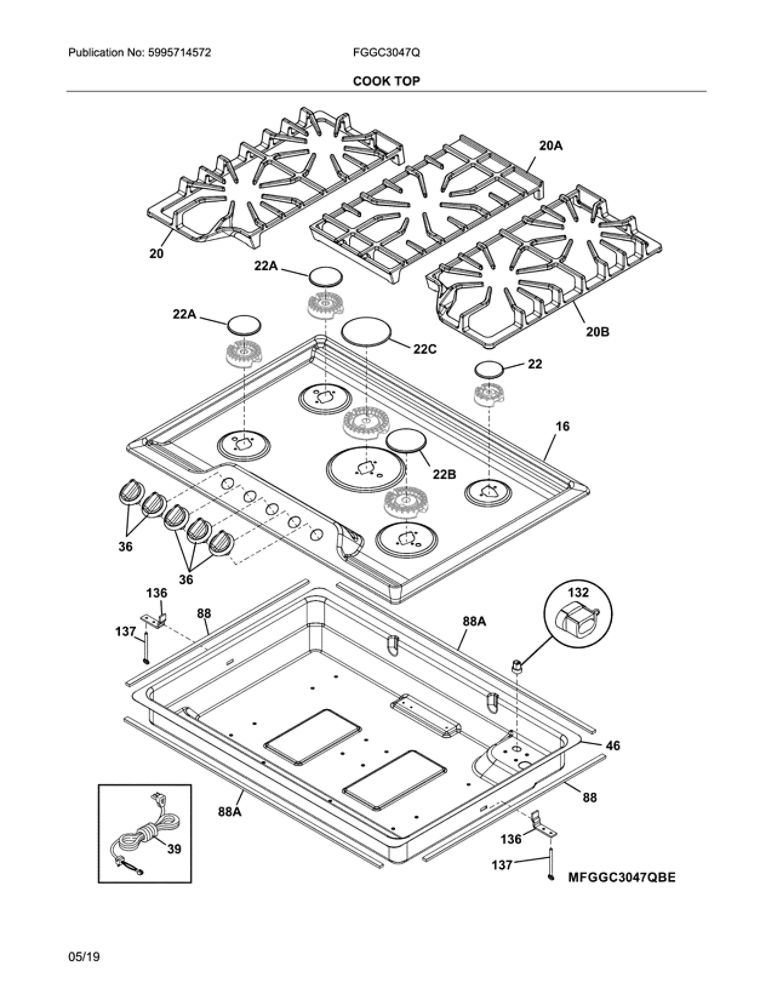 Cooktop Diagram and Parts List for FGGC3047QBE  Frigidaire Cooktop