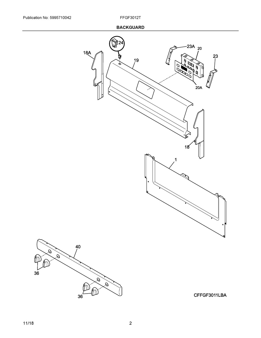 Backguard Diagram and Parts List for FFGF3012TWC  Frigidaire Range