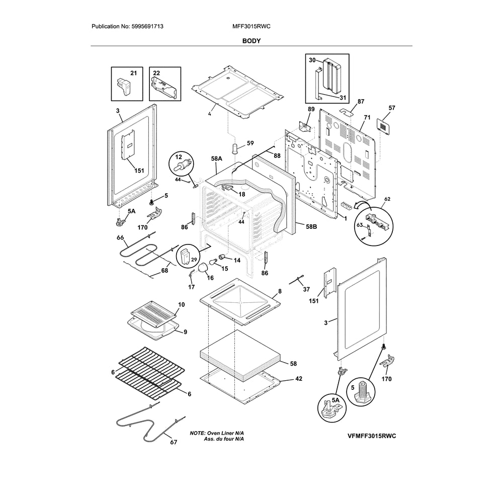 Body Diagram and Parts List for MFF3015RWC  Frigidaire Range