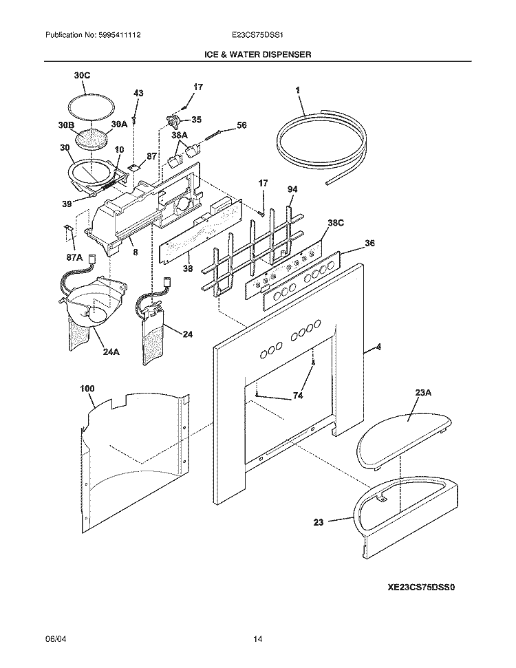 ICE & WATER DISPENSER Diagram and Parts List for E23CS75DSS1  Electrolux Refrigerator