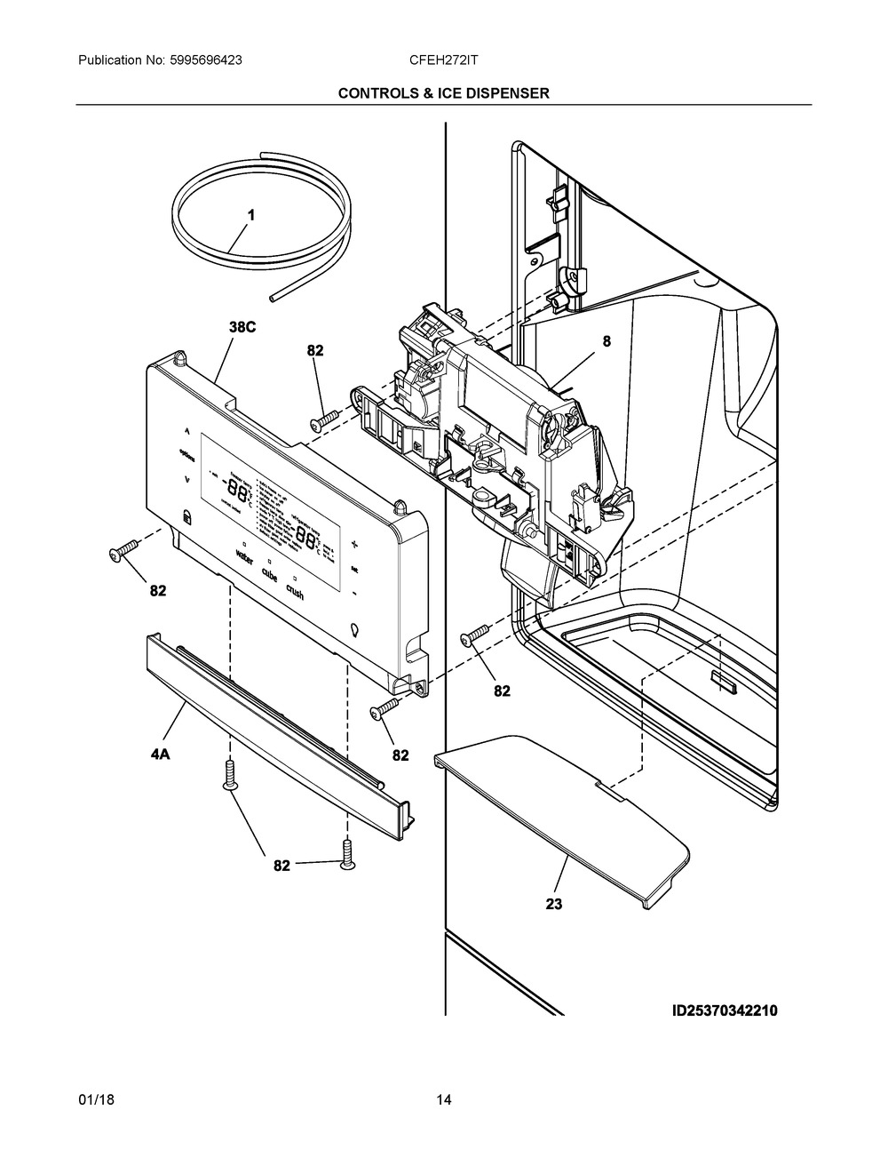 Controls & Ice Dispenser Diagram and Parts List for CFEH272ITD1  Frigidaire Refrigerator