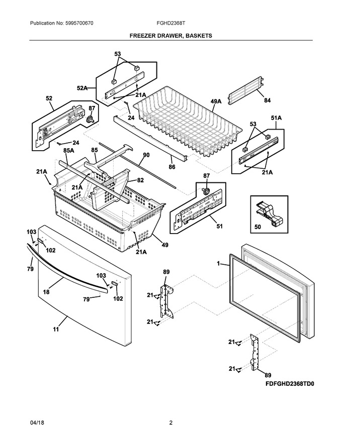 Freezer Drawer, Baskets Diagram and Parts List for FGHD2368TF0  Frigidaire Refrigerator