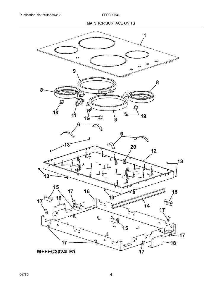 MAIN TOP Diagram and Parts List for FFEC3024LB1  Frigidaire Cooktop