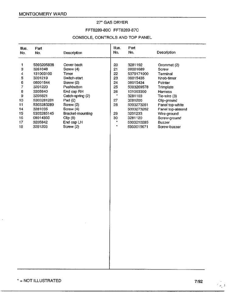 Console/controls And Top Panel Page 2 Diagram and Parts List for 8289-80C  Frigidaire Dryer