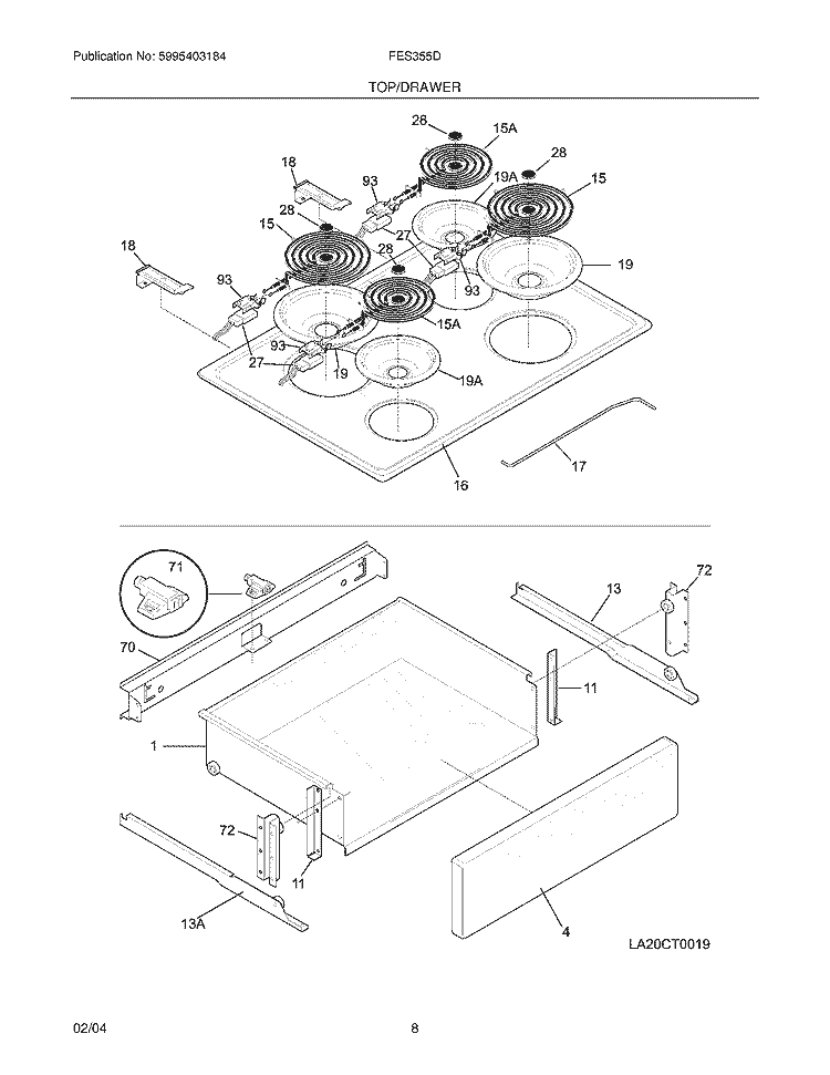 TOP / DRAWER Diagram and Parts List for FES355DSB  Frigidaire Range