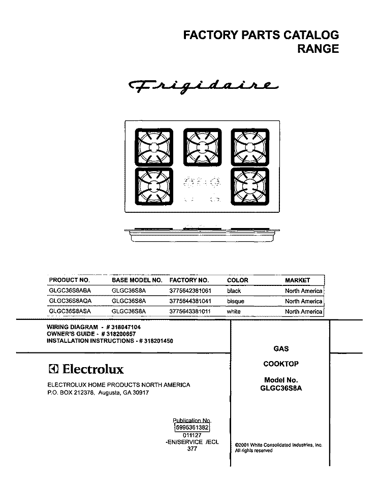 COVER Diagram and Parts List for GLGC36S8AQA  Frigidaire Cooktop