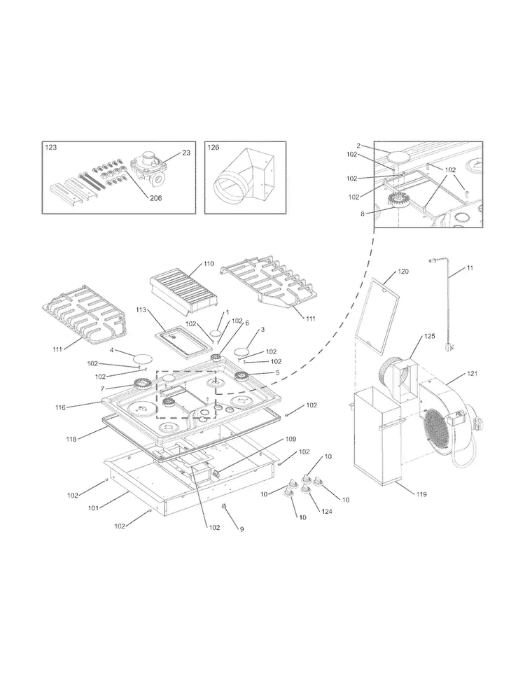 Cook Top Diagram and Parts List for RC30DG60PS0  Uni Cooktop
