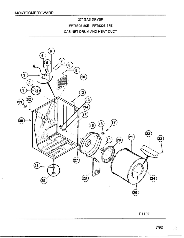 Cabinet Drum And Heat Duct Diagram and Parts List for 8308-80E  Frigidaire Dryer