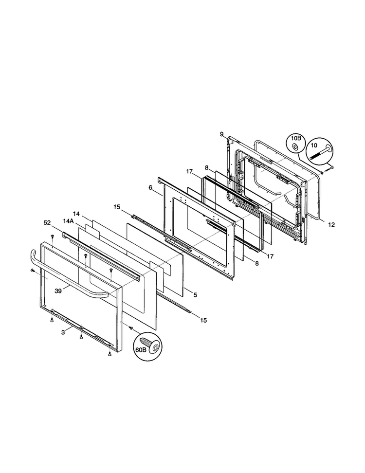 Door Diagram and Parts List for FEF388CJBA  Frigidaire Range