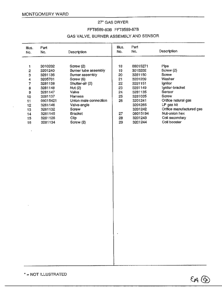 Gas Valve/burner/sensor Page 2 Diagram and Parts List for 8589-87B  Frigidaire Dryer