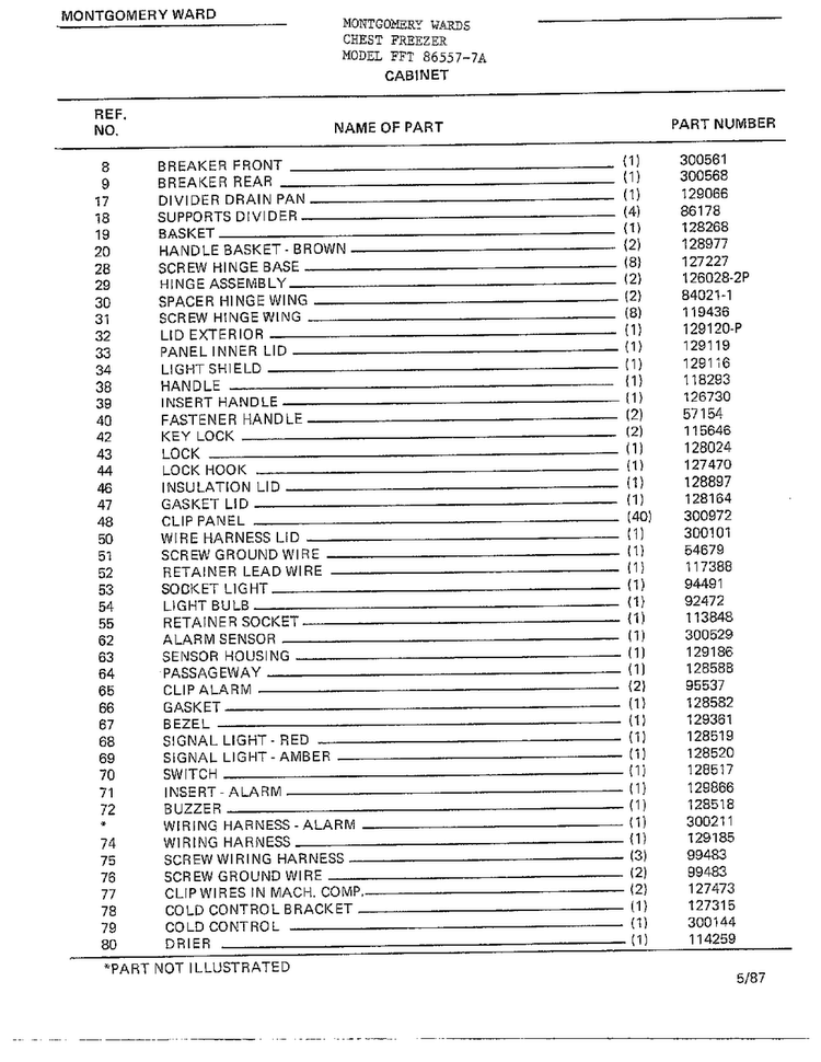 Cabinet Page 2 Diagram and Parts List for 86557-7A  Frigidaire Freezer