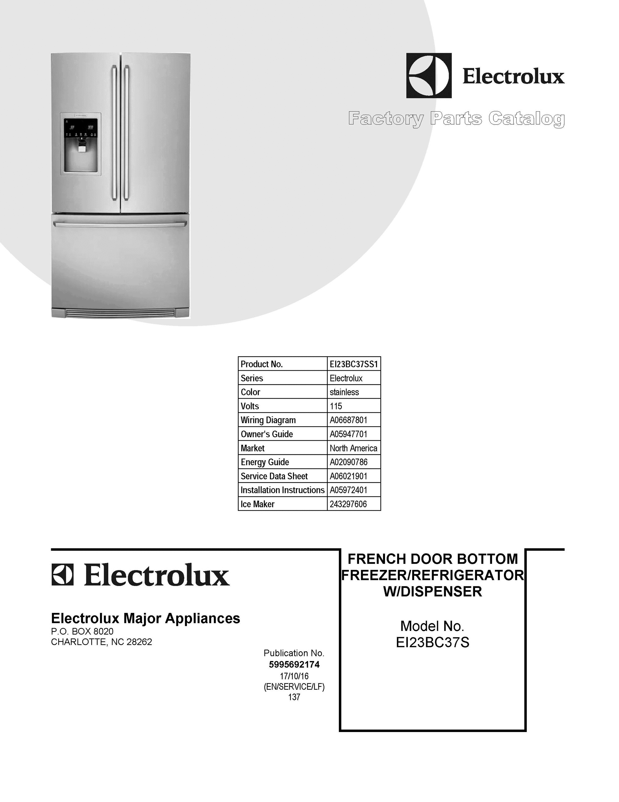 01 - COVER SHEET Diagram and Parts List for EI23BC37SS1  Frigidaire Refrigerator