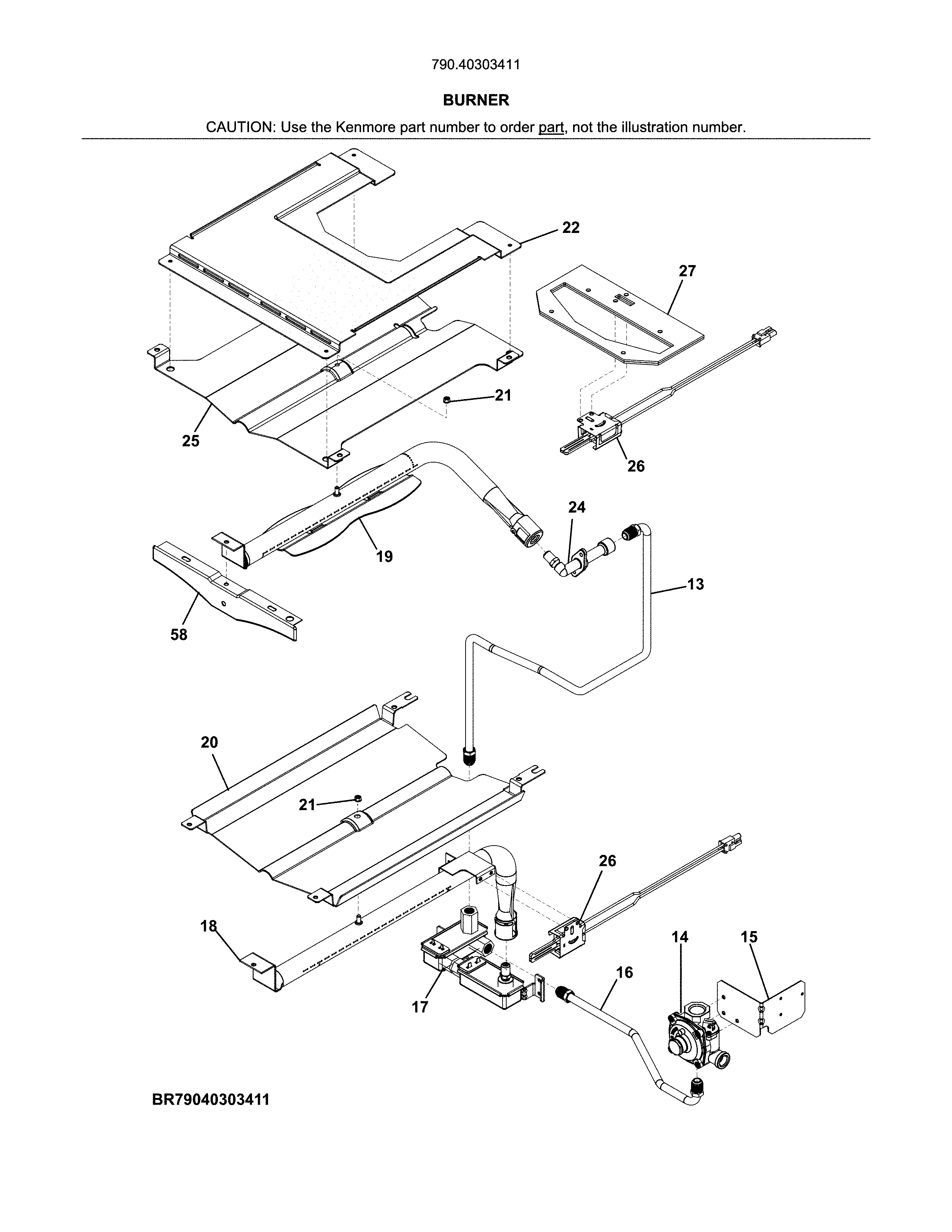 Burner Diagram and Parts List for 79040303411  Kenmore Wall Oven
