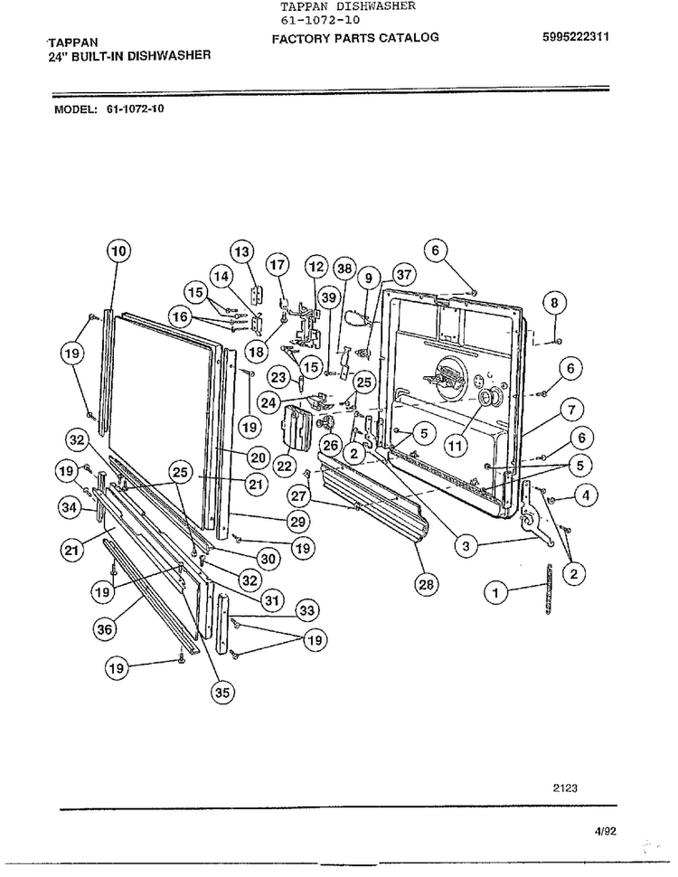 24" Built-in Dishwasher Diagram and Parts List for 61-1072-10  Frigidaire Dishwasher
