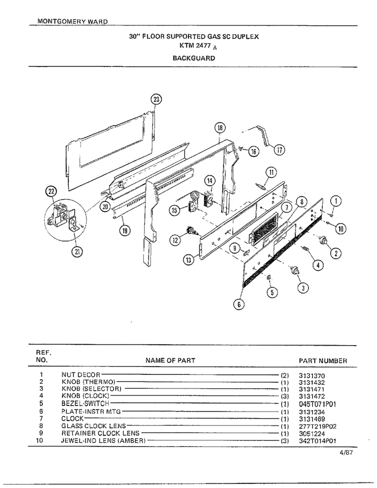 30" Floor/backguard Diagram and Parts List for 2477A  Frigidaire Range