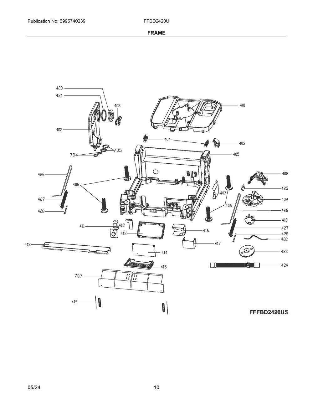 Frame Diagram and Parts List for FFBD2420US0A  Frigidaire Dishwasher
